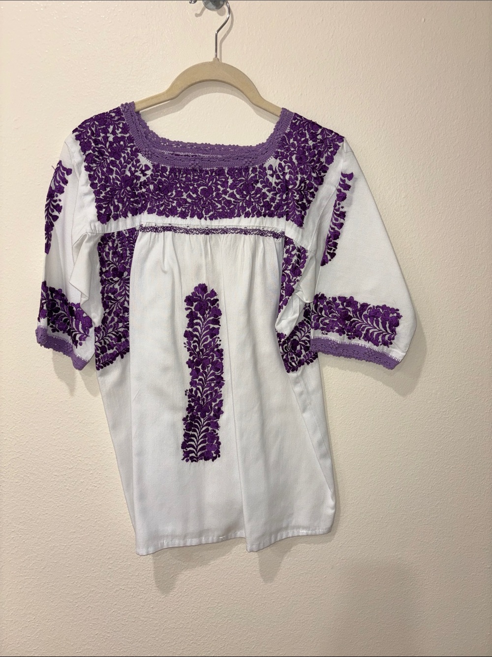 Hand embroidered Mexican Tunic Top with Purple Floral Embroidery